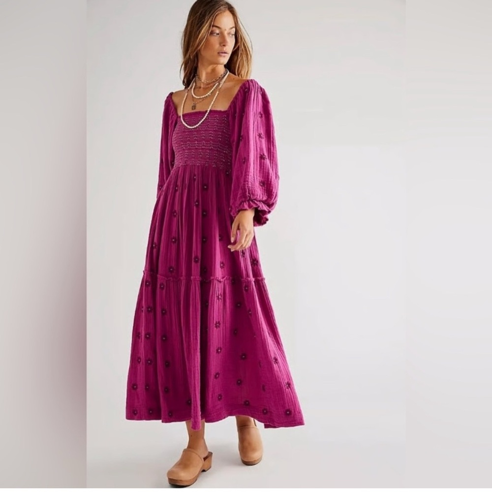 Free People Dahlia Embroidered Maxi Dress - Lilac Wine - Size S